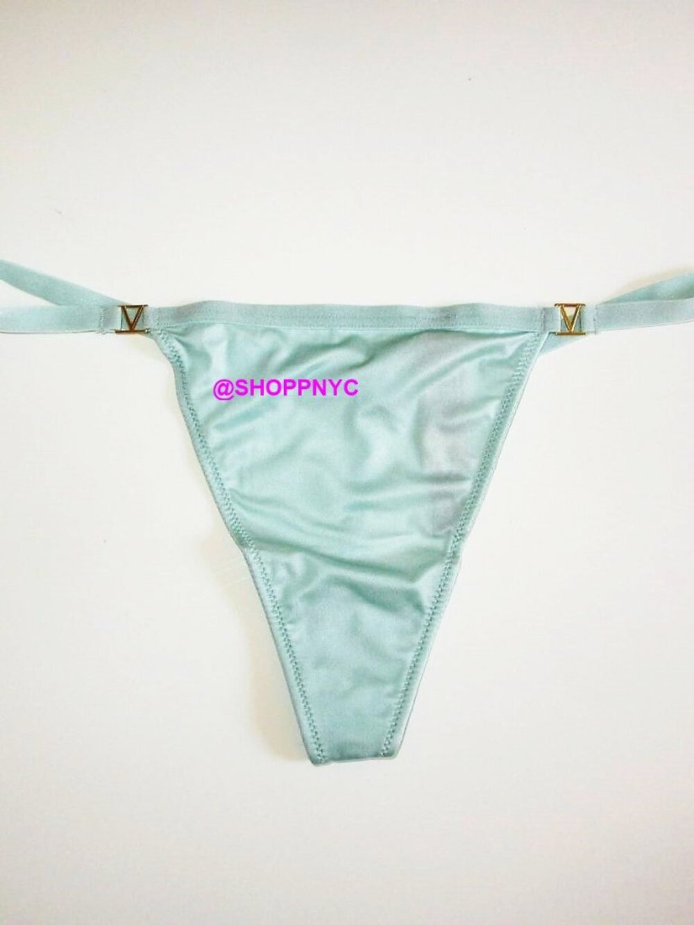 VICTORIA SECRET V-String Thong Panty Size M Satin Smooth Silky Gold tone VS Logo